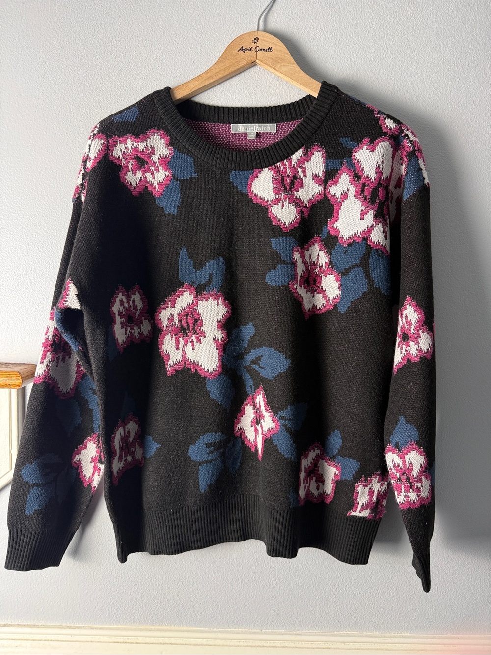 Daniel Rainn Black Crewneck Sweater with Pink & Blue Floral Jacquard